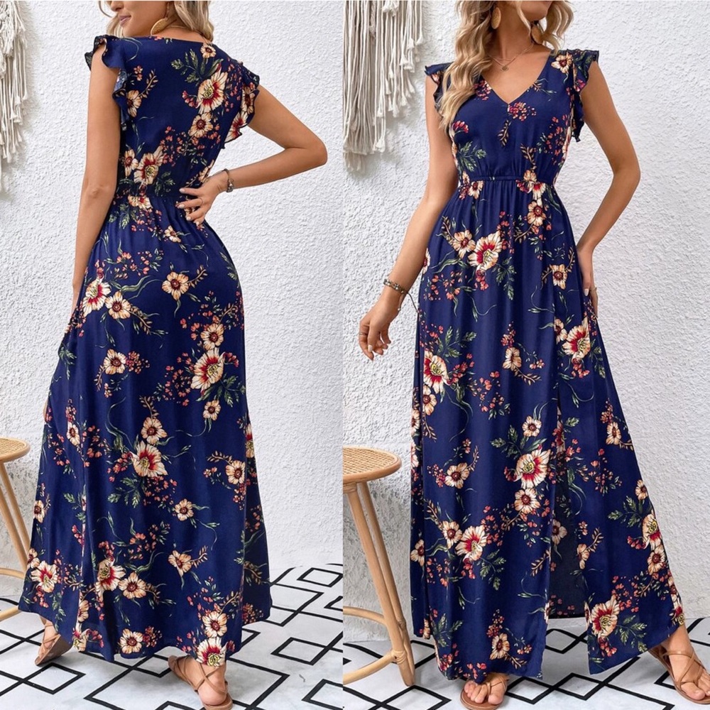 💙 BOHO BLUE MULTI FLORAL SLIT MAXI DRESS! - Picture 2 of 5